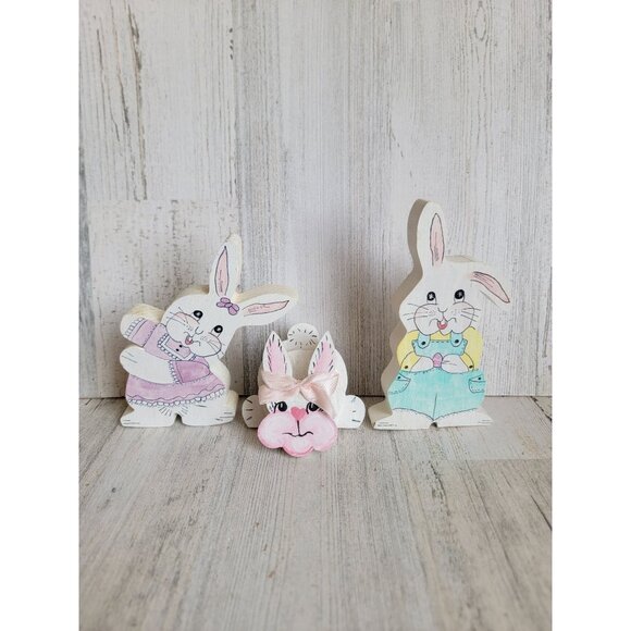 Wooden Easter Bunny girl boy set egg home decor spring - Picture 1 of 9